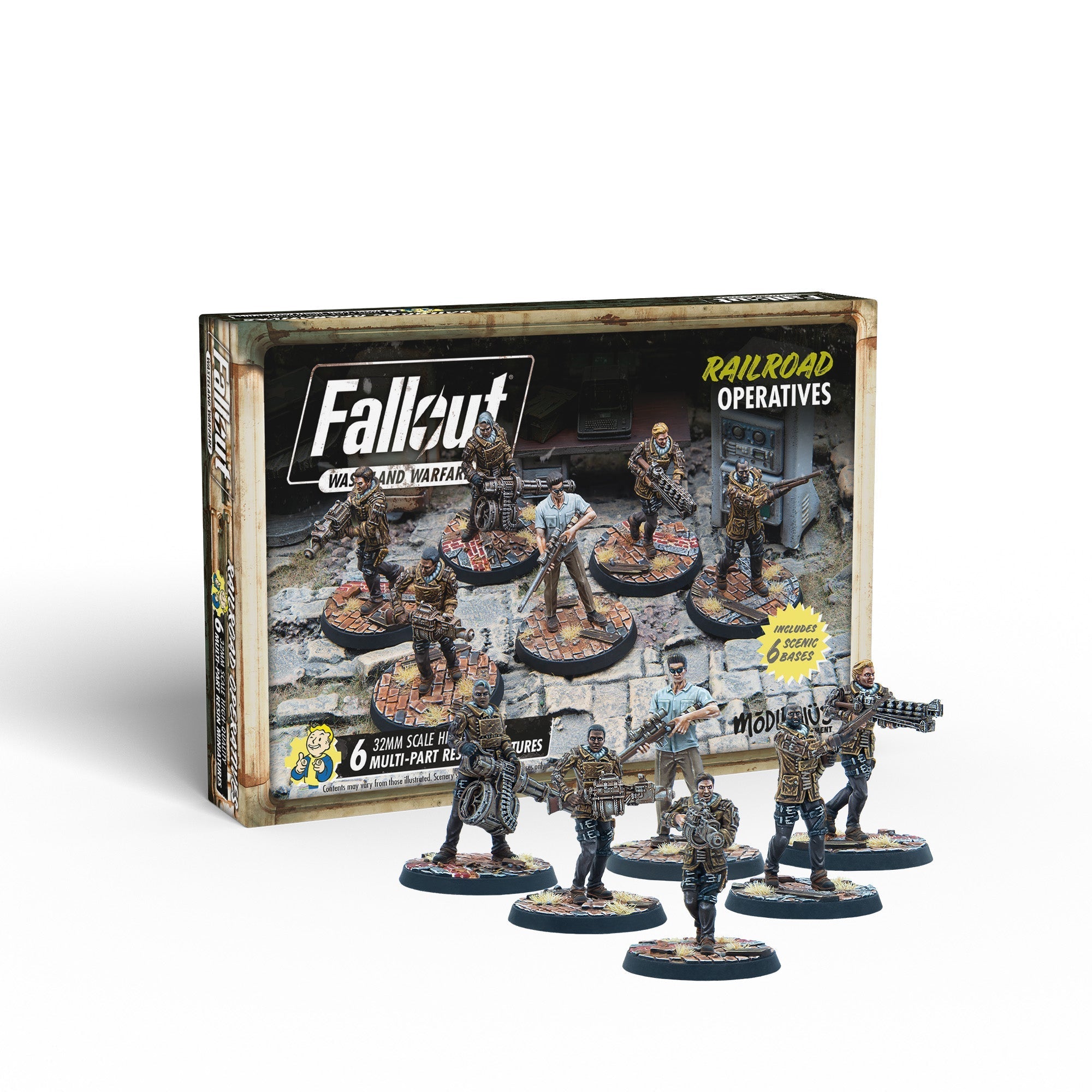 Fallout: Wasteland Warfare Railroad Operatives game box and six armed character miniatures