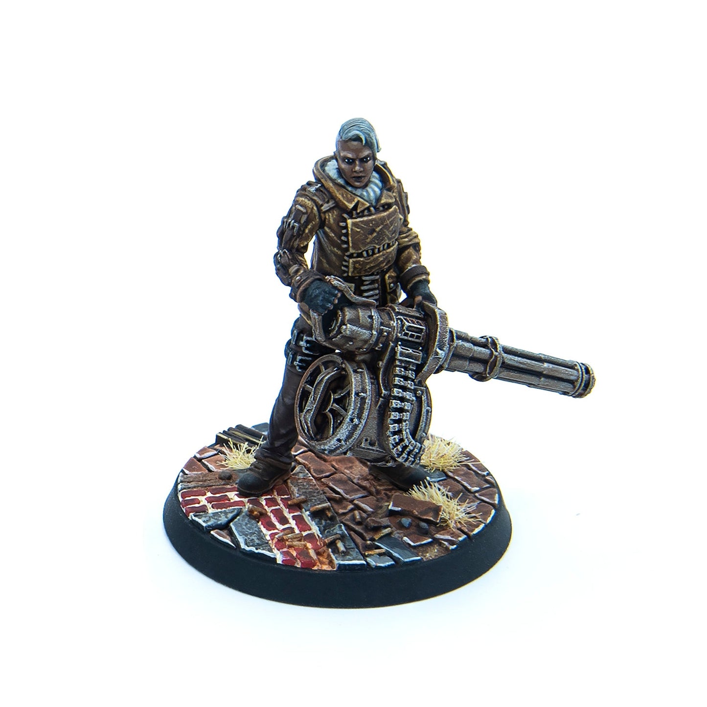 Miniature: dark-skinned woman with blue hair and brown coat, wielding a large gatling gun on a broken brick base