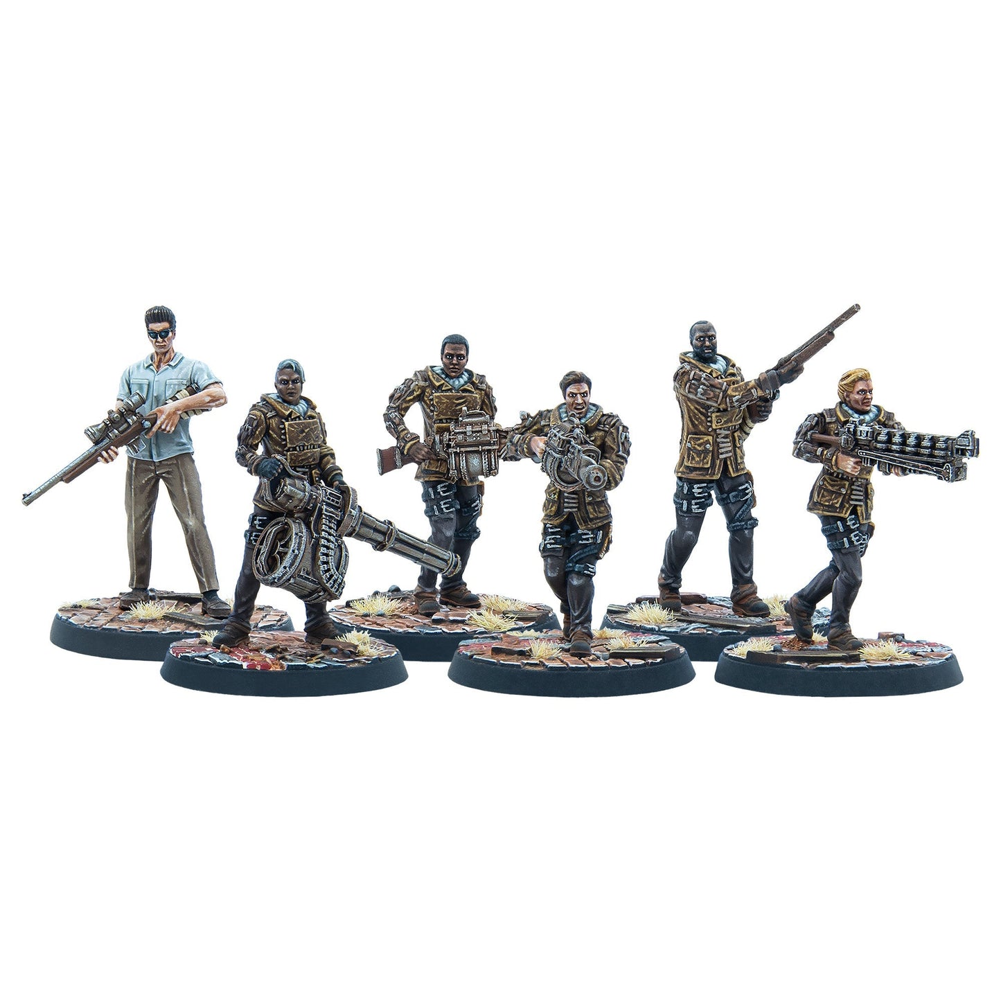 Six armed miniature figures, a squad of tactical operatives in various action poses, holding rifles and heavy weapons