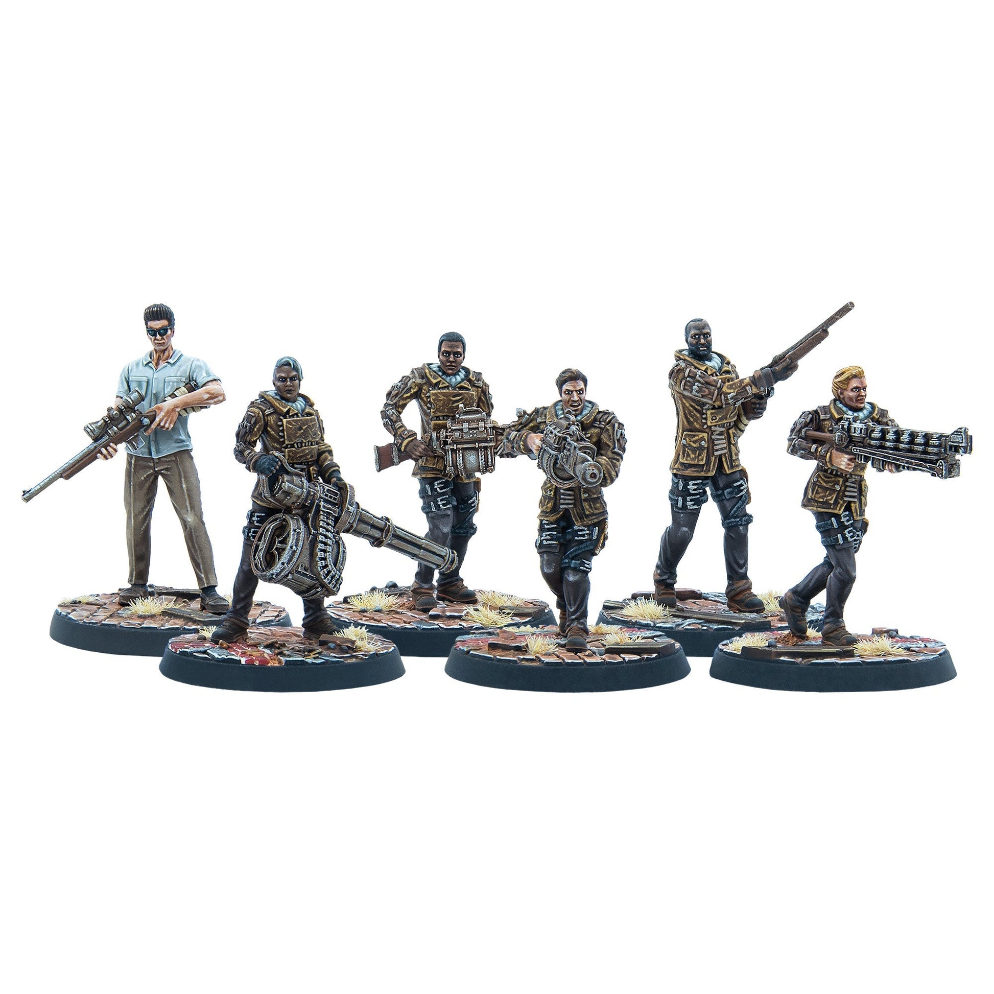 Six armed miniature figures, a squad of tactical operatives in various action poses, holding rifles and heavy weapons