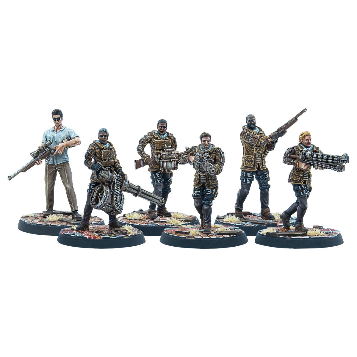 Six armed miniature figures, a squad of tactical operatives in various action poses, holding rifles and heavy weapons