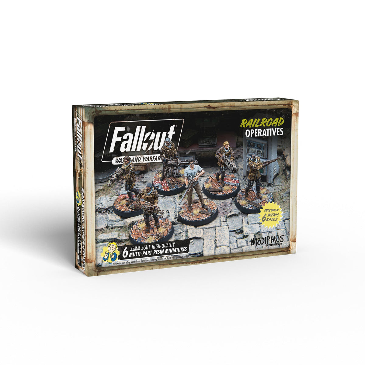 Fallout: Wasteland Warfare &#39;Railroad Operatives&#39; miniatures box with six detailed, armed resin figures