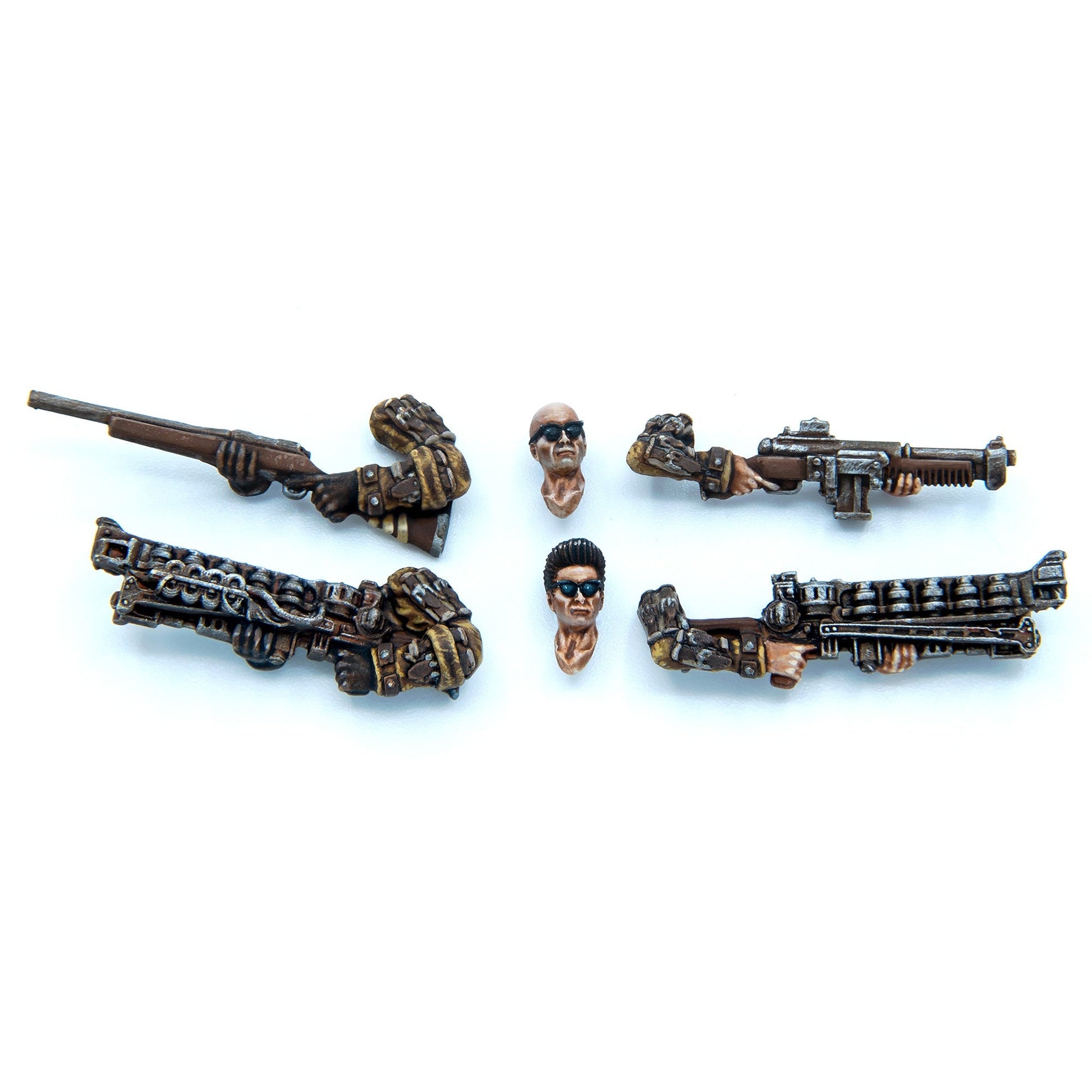 Wargaming miniature parts: two heads with sunglasses, four pairs of arms holding various firearms