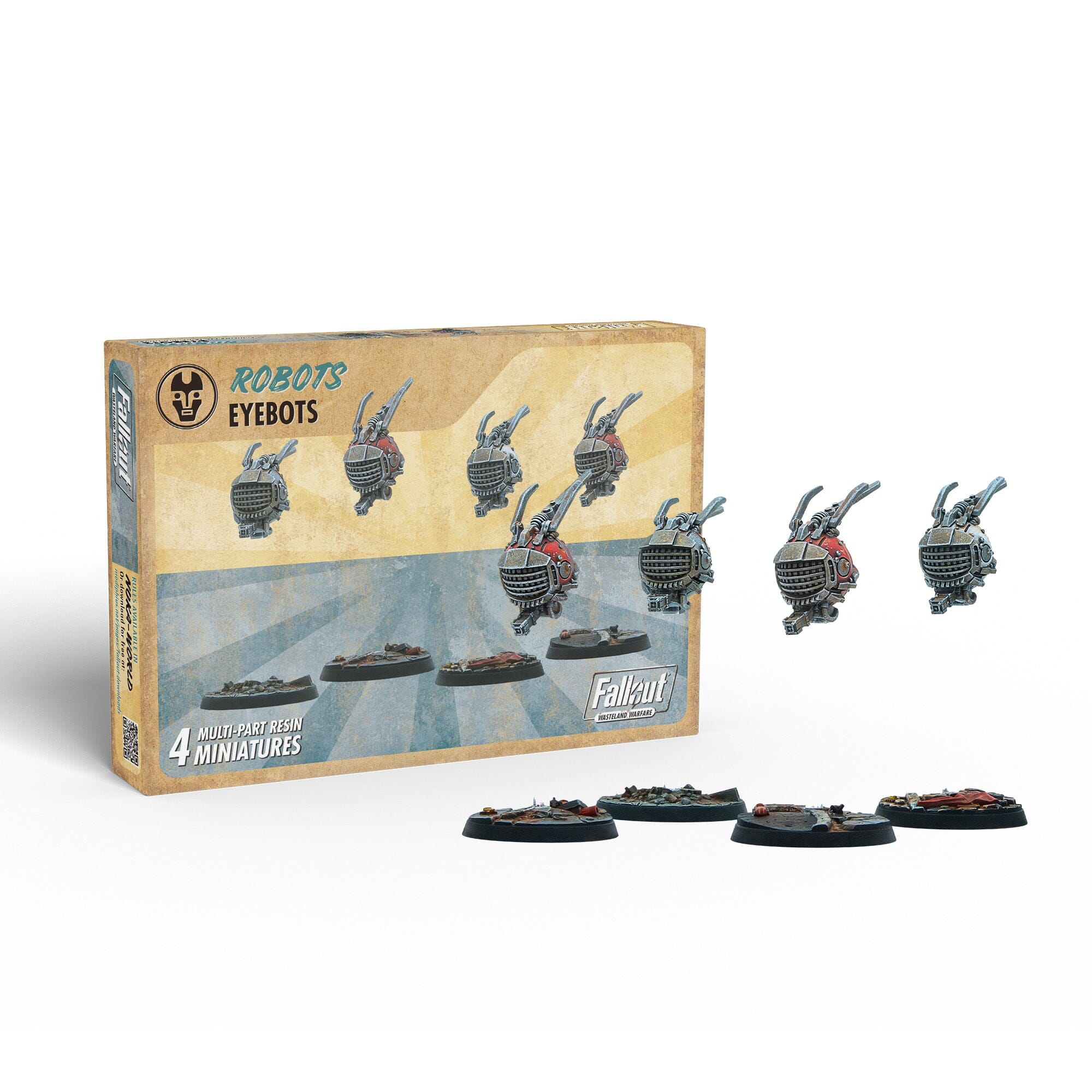 Fallout: Robots Eyebots miniature set, showing the box and four assembled grey and red flying spherical robots on bases