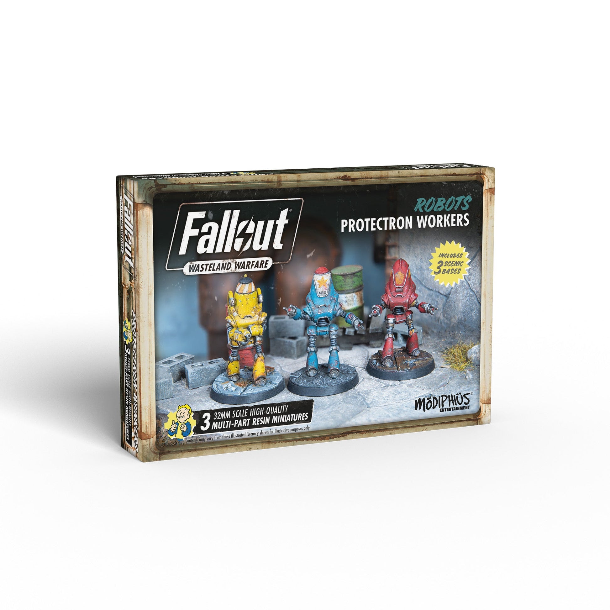 Fallout: Wasteland Warfare Protectron Workers miniatures box featuring three colourful robots on scenic bases
