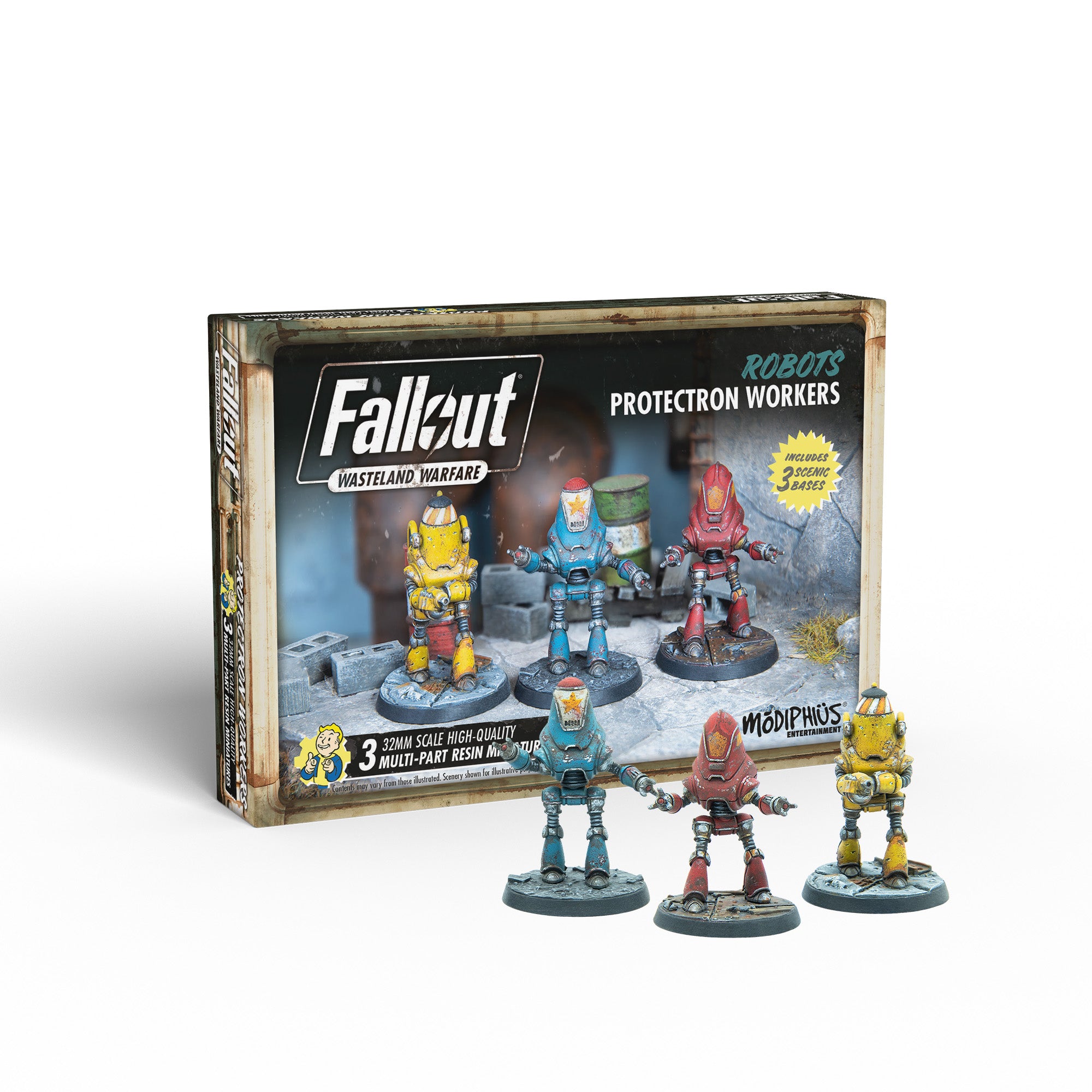 Fallout: Wasteland Warfare box with three 32mm Protectron Worker robot miniatures (red, blue, yellow) on bases