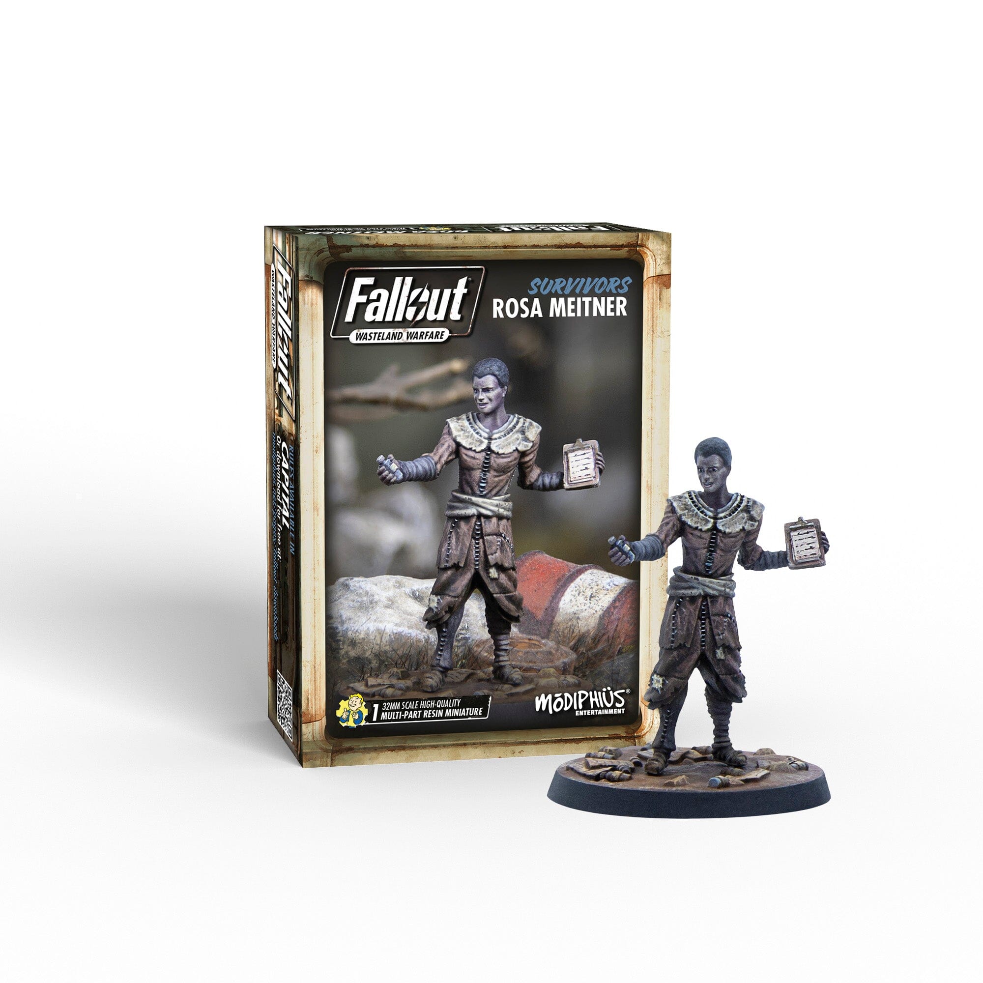 Fallout Wasteland Warfare Rosa Meitner miniature: Female survivor in rugged attire holding a clipboard, displayed with its product box