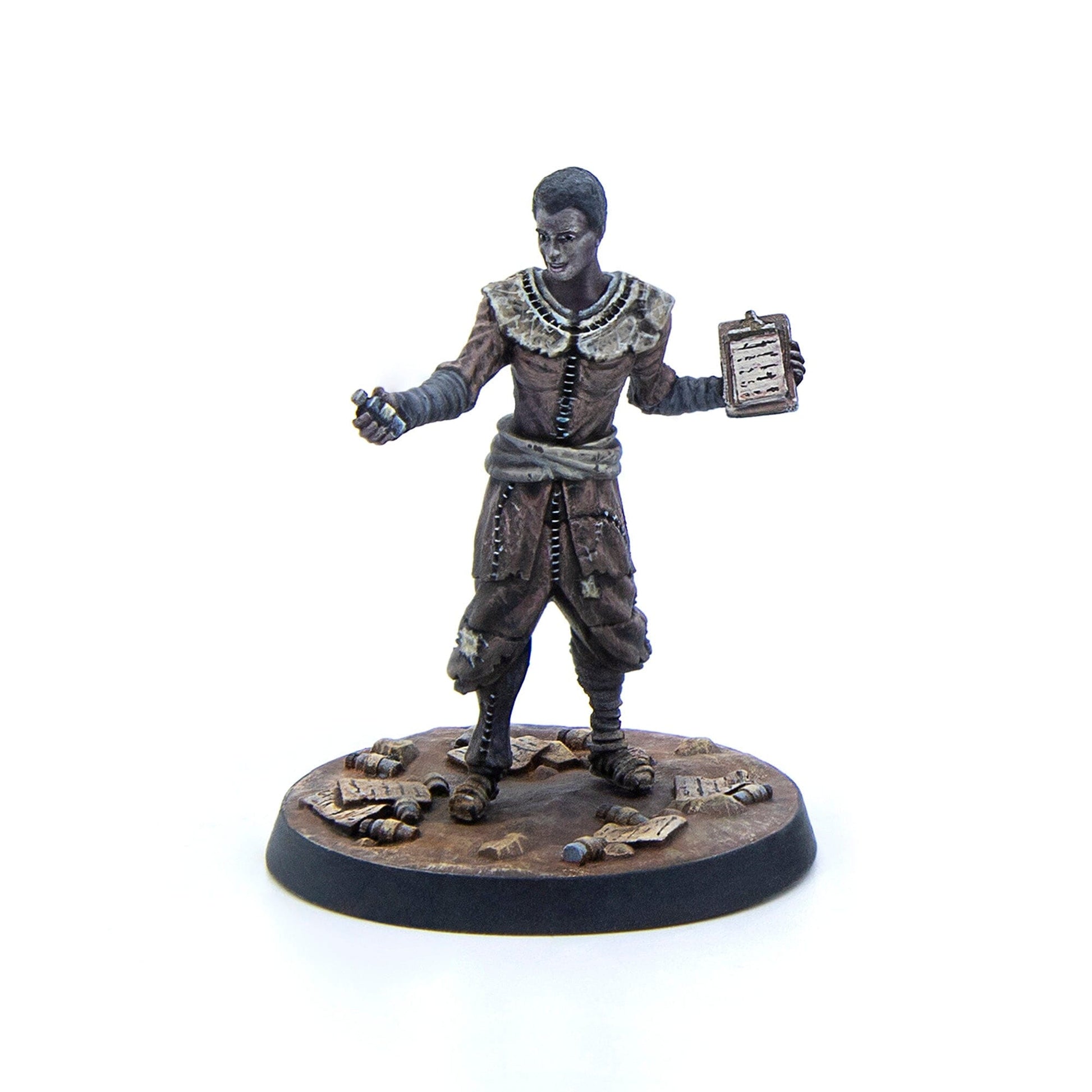 Miniature of a man in tattered clothes holding a clipboard and gesturing, on a debris base