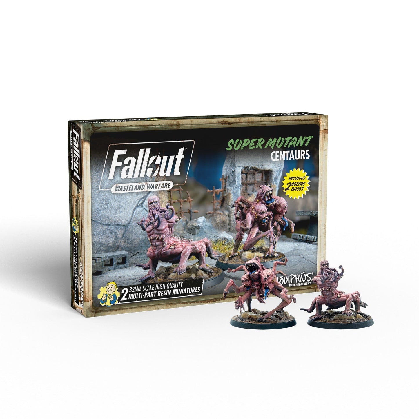 A box of Fallout Wasteland Warfare Super Mutants Centaurs miniatures with three detailed monster figures displayed next to it