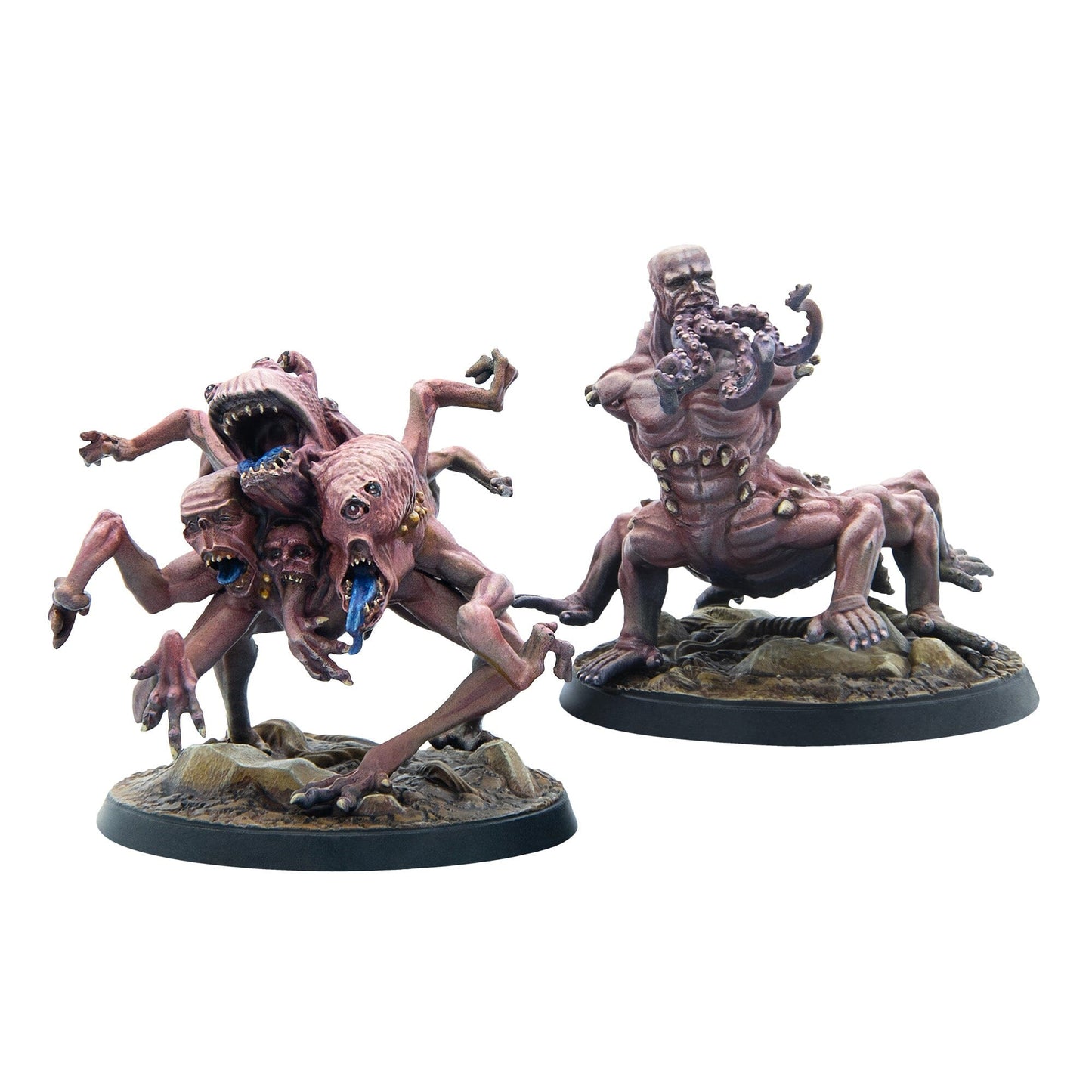 Two painted miniatures show a pale pink multi-headed creature with many limbs and a dark pink human-like creature with tentacles and a centaur-like lower body