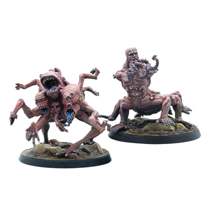 Two painted miniatures show a pale pink multi-headed creature with many limbs and a dark pink human-like creature with tentacles and a centaur-like lower body