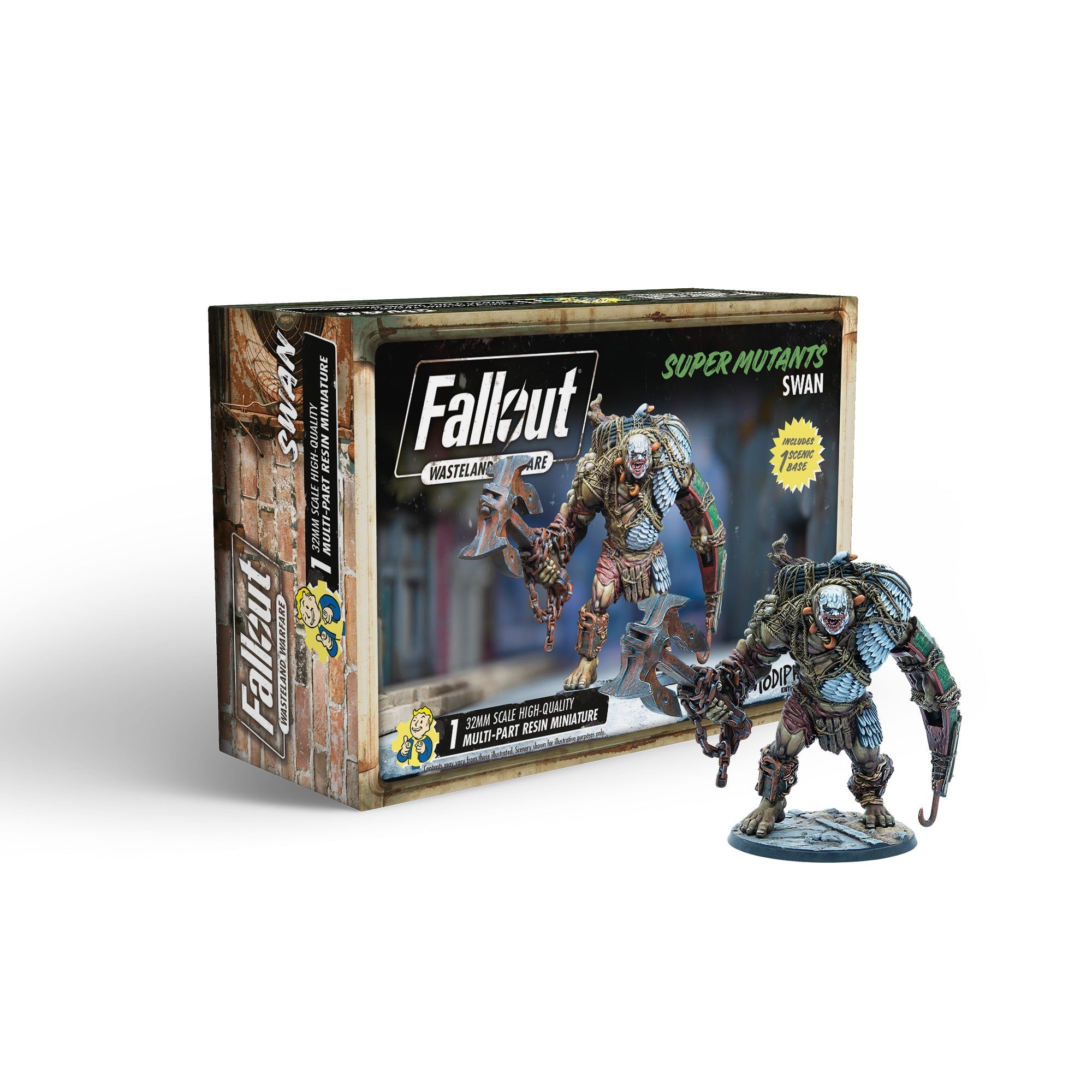 Fallout: Wasteland Warfare Super Mutant Swan miniature box beside the painted, imposing mutant wielding chained anchors