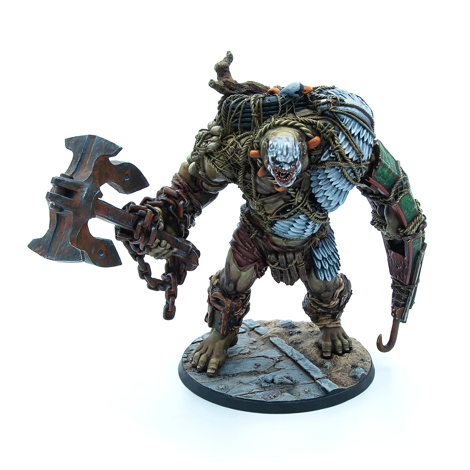 A hulking, weathered monster miniature with a gaping, toothy maw, wielding a large anchor-axe and a hook hand