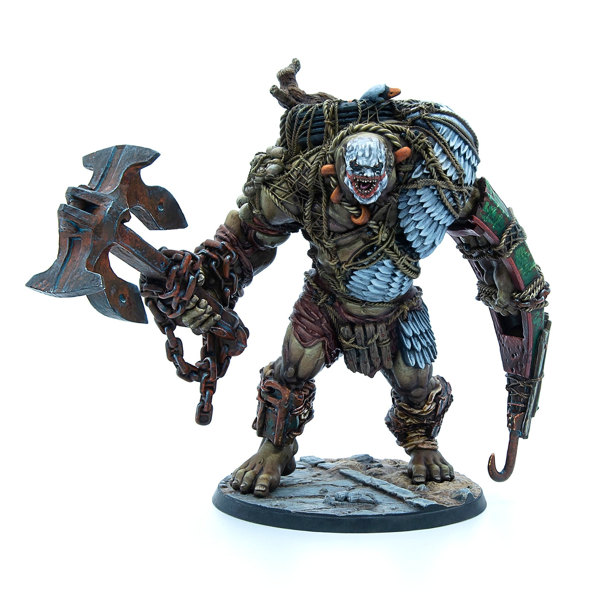 A brutish, pale-faced monster miniature wielding a chained anchor-axe and a hook-arm, adorned with nautical ropes and feathers