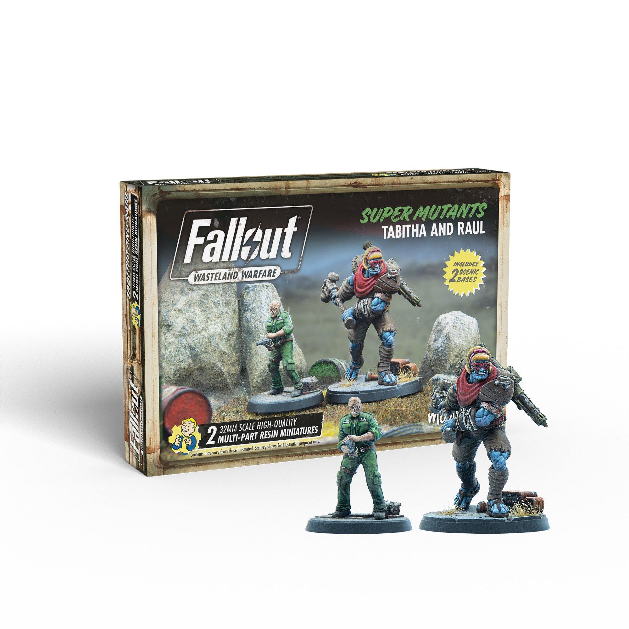 Fallout: Wasteland Warfare Super Mutants Tabitha & Raul game box showing two miniatures: a large blue mutant and a ghoul