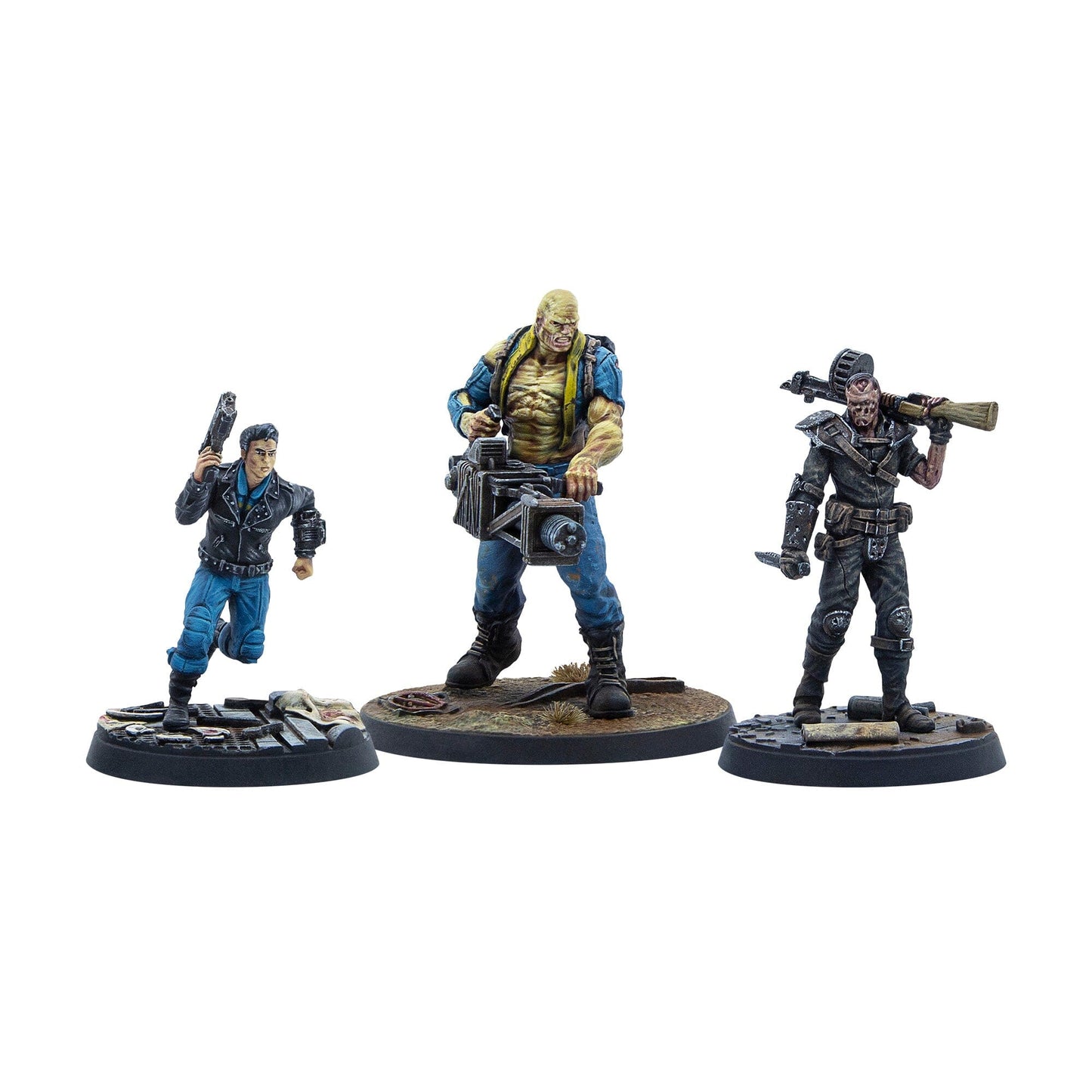 Three painted Fallout miniatures: a man running with a pistol, a large mutant with a heavy gun, and a raider with a rifle