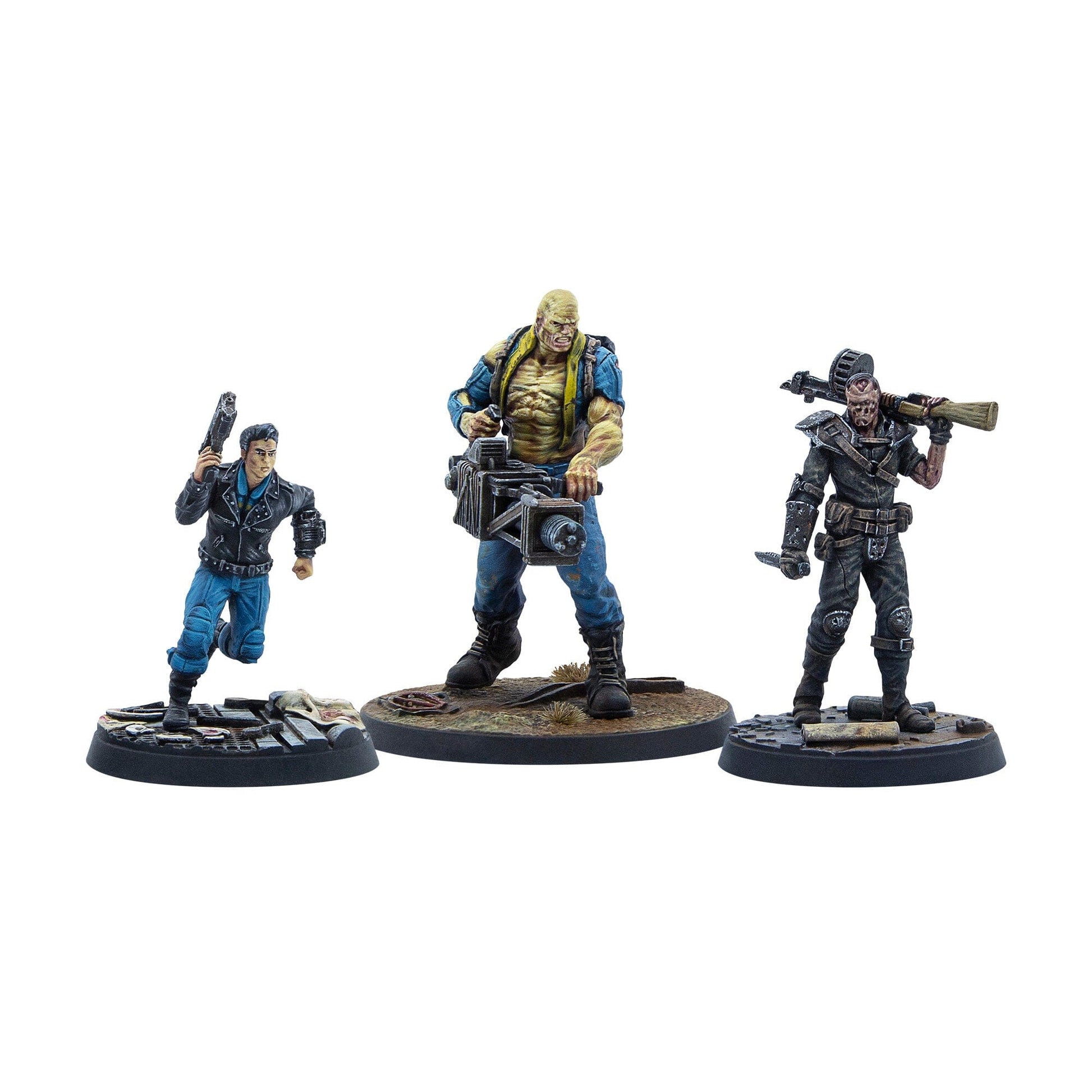 Three painted Fallout miniatures: a man running with a pistol, a large mutant with a heavy gun, and a raider with a rifle