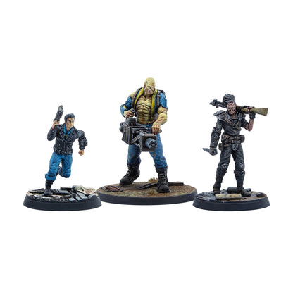 Three painted Fallout miniatures: a man running with a pistol, a large mutant with a heavy gun, and a raider with a rifle