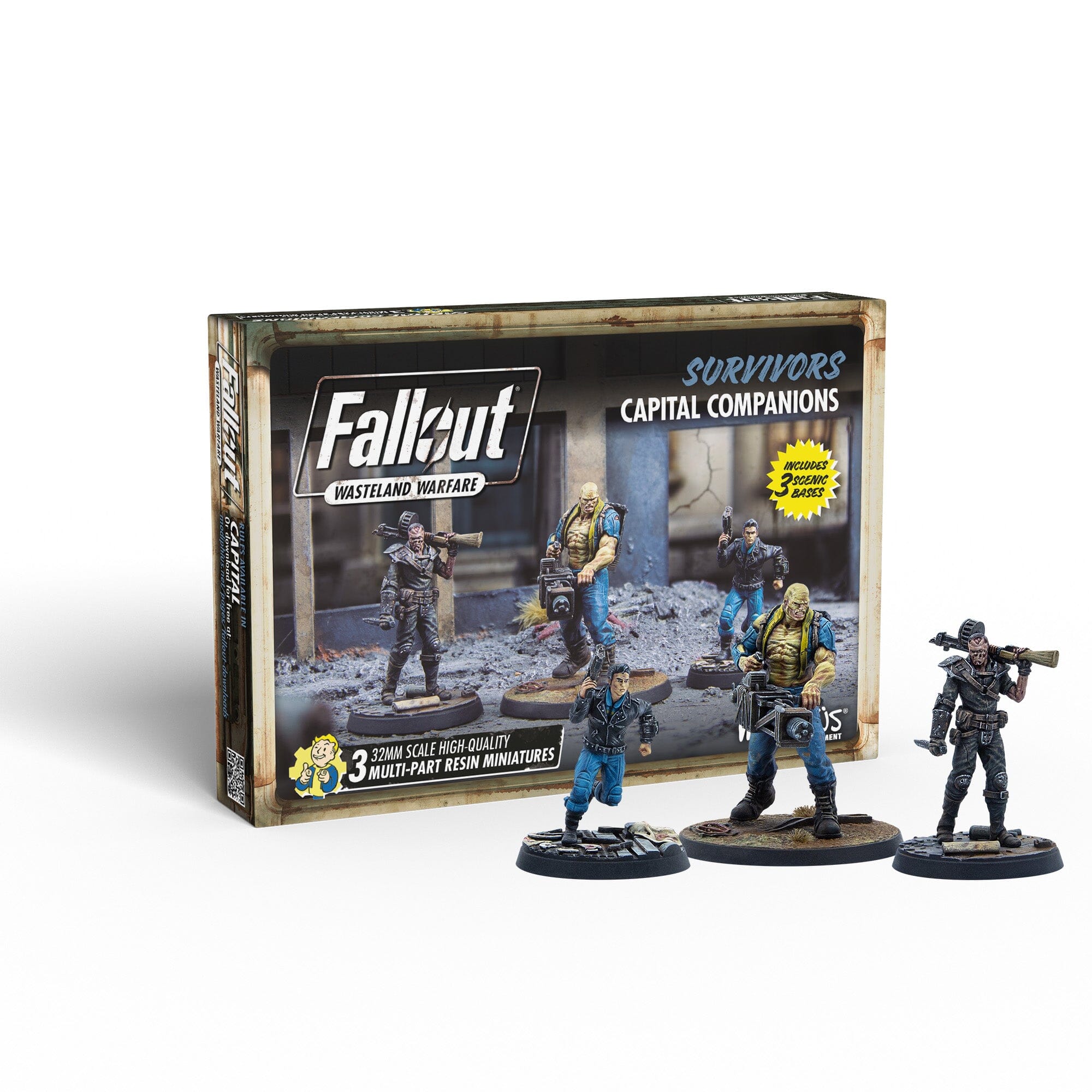 Fallout Wasteland Warfare Survivors miniature set box with three detailed figures, some armed, shown both in and out of box