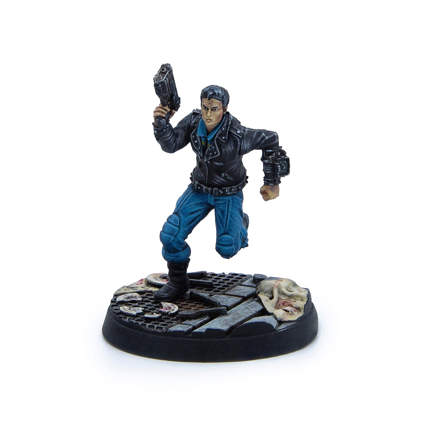 Miniature figure of a man in a black leather jacket, blue pants, running while aiming a pistol. Gritty urban base