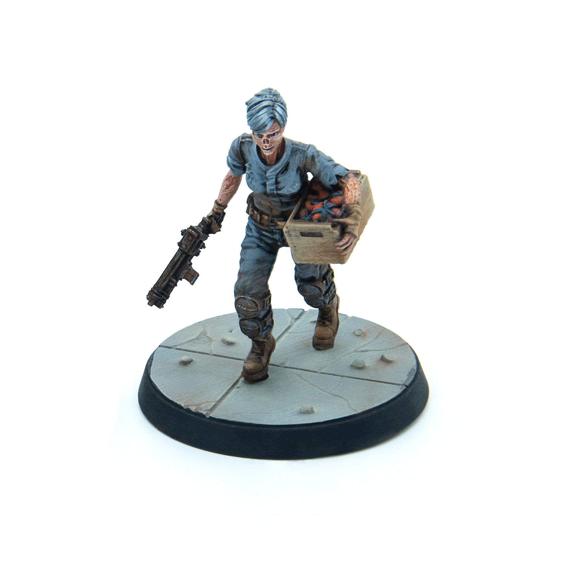 Miniature of a gaunt woman with blue hair, carrying a rifle and a crate of supplies, walking