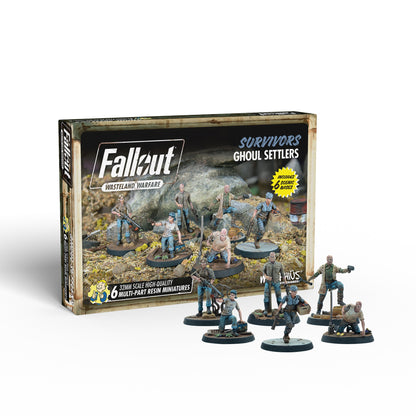 Fallout: Wasteland Warfare Ghoul Settlers box with six detailed, emaciated ghoul miniatures in various action poses