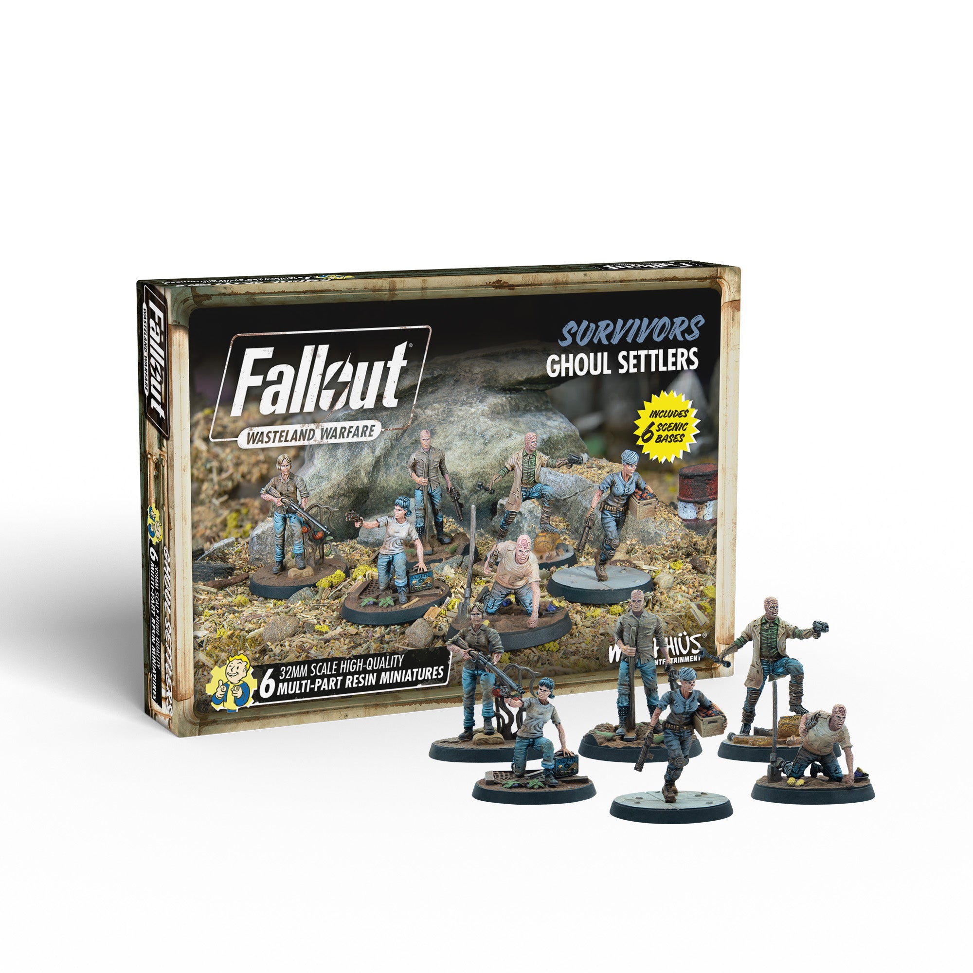 Fallout: Wasteland Warfare Ghoul Settlers box with six detailed, emaciated ghoul miniatures in various action poses