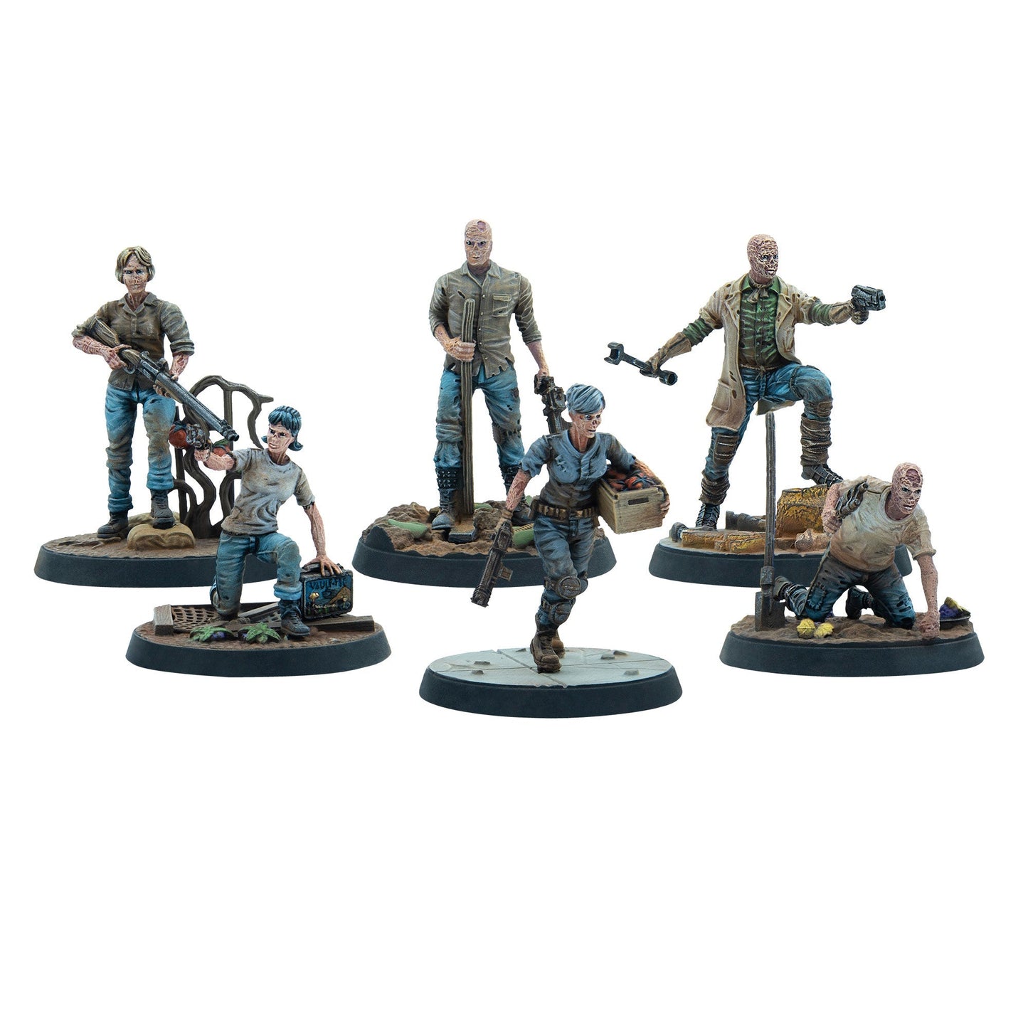 Six painted miniature figures of scarred Fallout Ghouls in rugged clothing, armed with various weapons and supplies