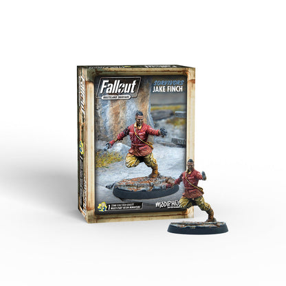 Miniature figure of Jake Finch from Fallout: Wasteland Warfare, shown painted with detailed post-apocalyptic features and gear