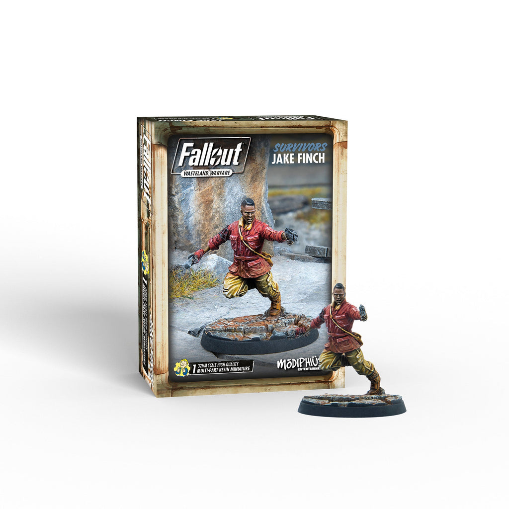 Miniature figure of Jake Finch from Fallout: Wasteland Warfare, shown painted with detailed post-apocalyptic features and gear
