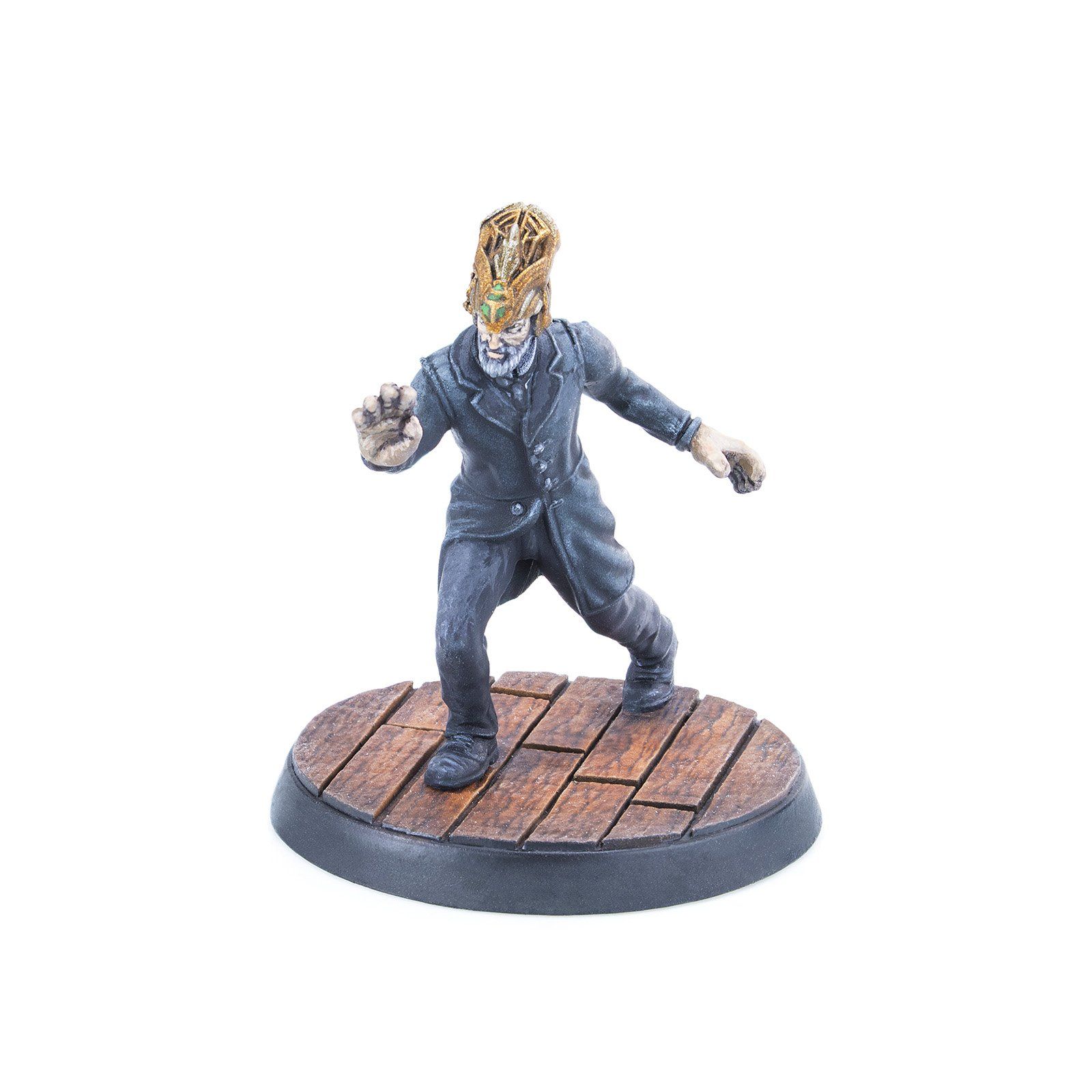 Tabletop miniature of a bearded man in a dark coat and gold crown, lunging forward with an outstretched hand