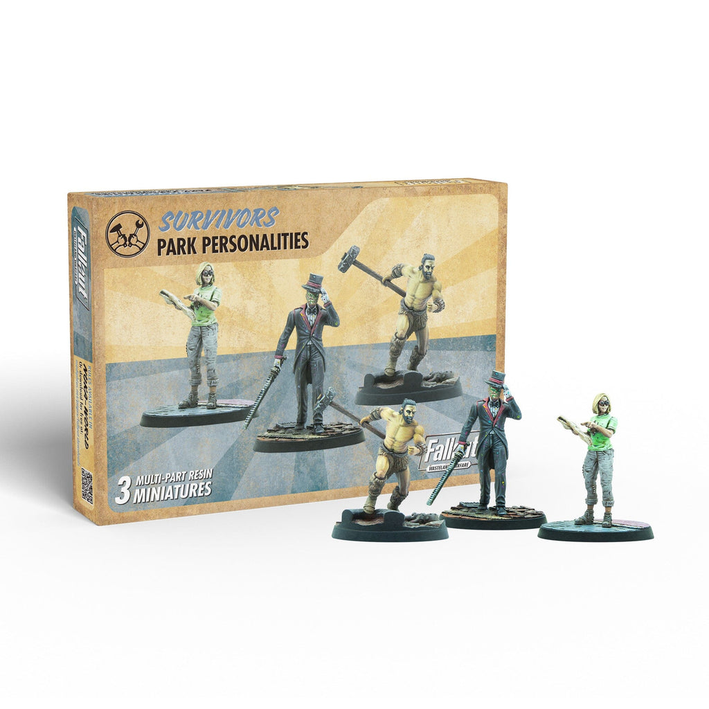 Fallout Survivors Park Personalities box with three painted miniatures: woman with bat, man in suit, and shirtless man with hammer