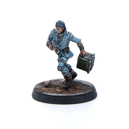 Painted miniature of a man in a tattered blue uniform, running while holding a pistol and an ornate dark green chest