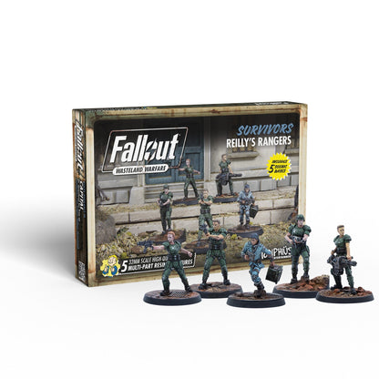 Fallout: Wasteland Warfare "Reilly's Rangers" product box and 5 armed human miniatures in combat poses