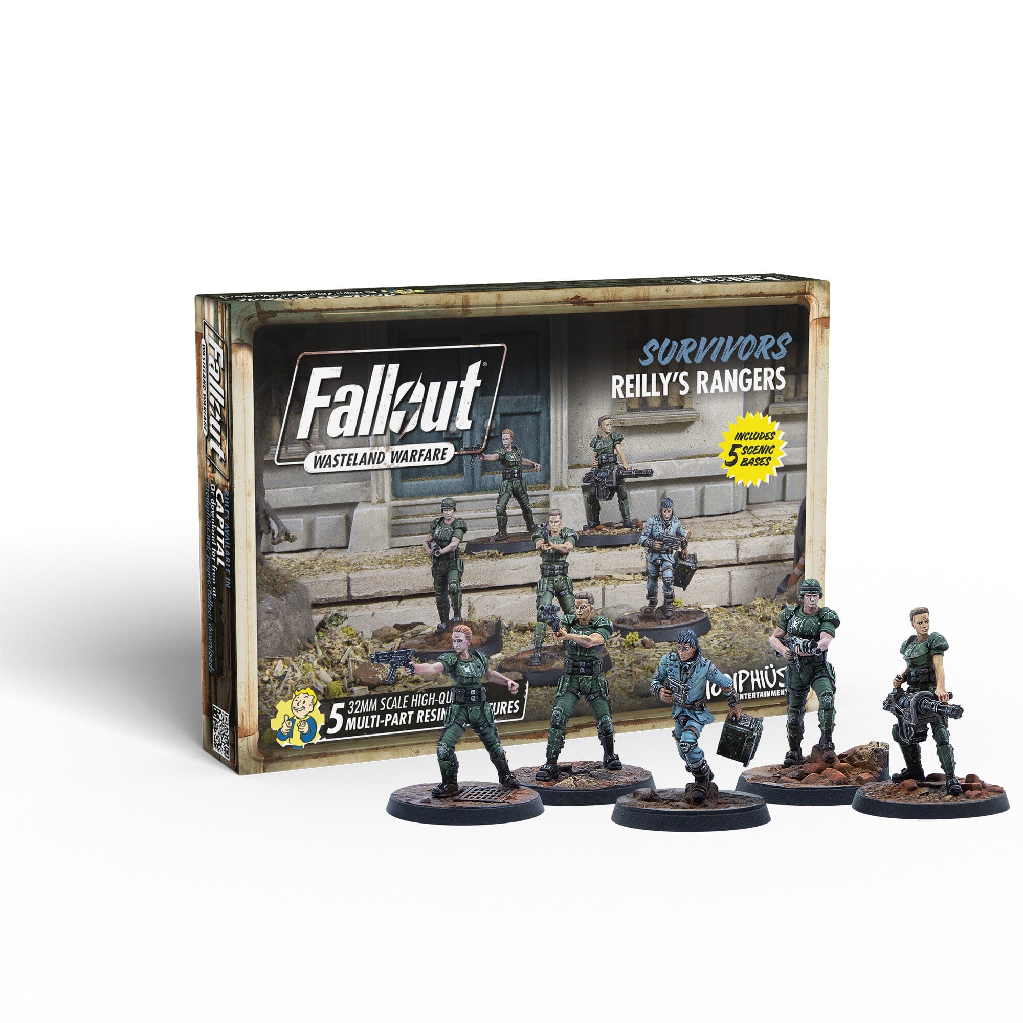 Fallout: Wasteland Warfare "Reilly's Rangers" product box and 5 armed human miniatures in combat poses