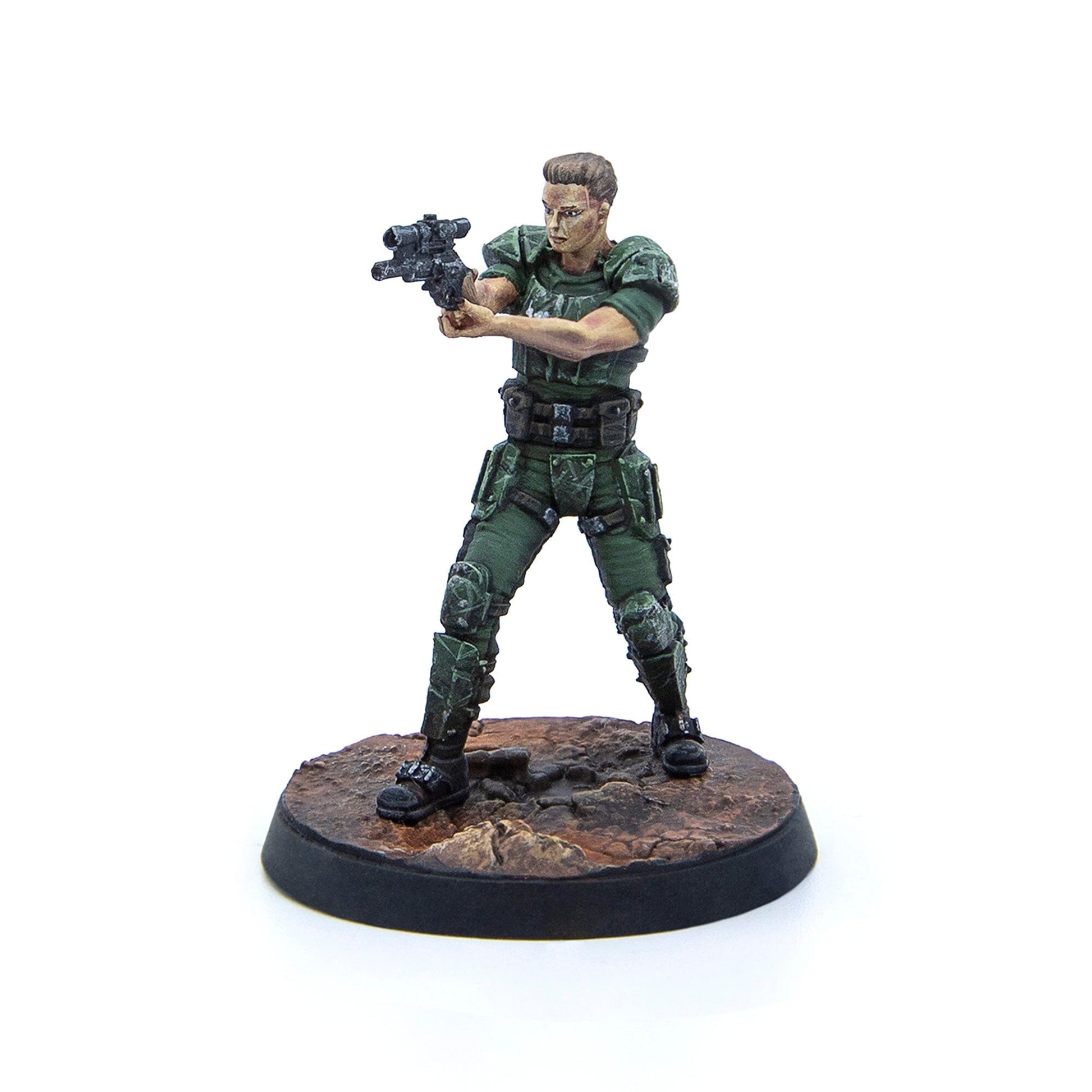 A painted miniature of a male soldier in green armored uniform, aiming a sci-fi rifle, standing on a textured base