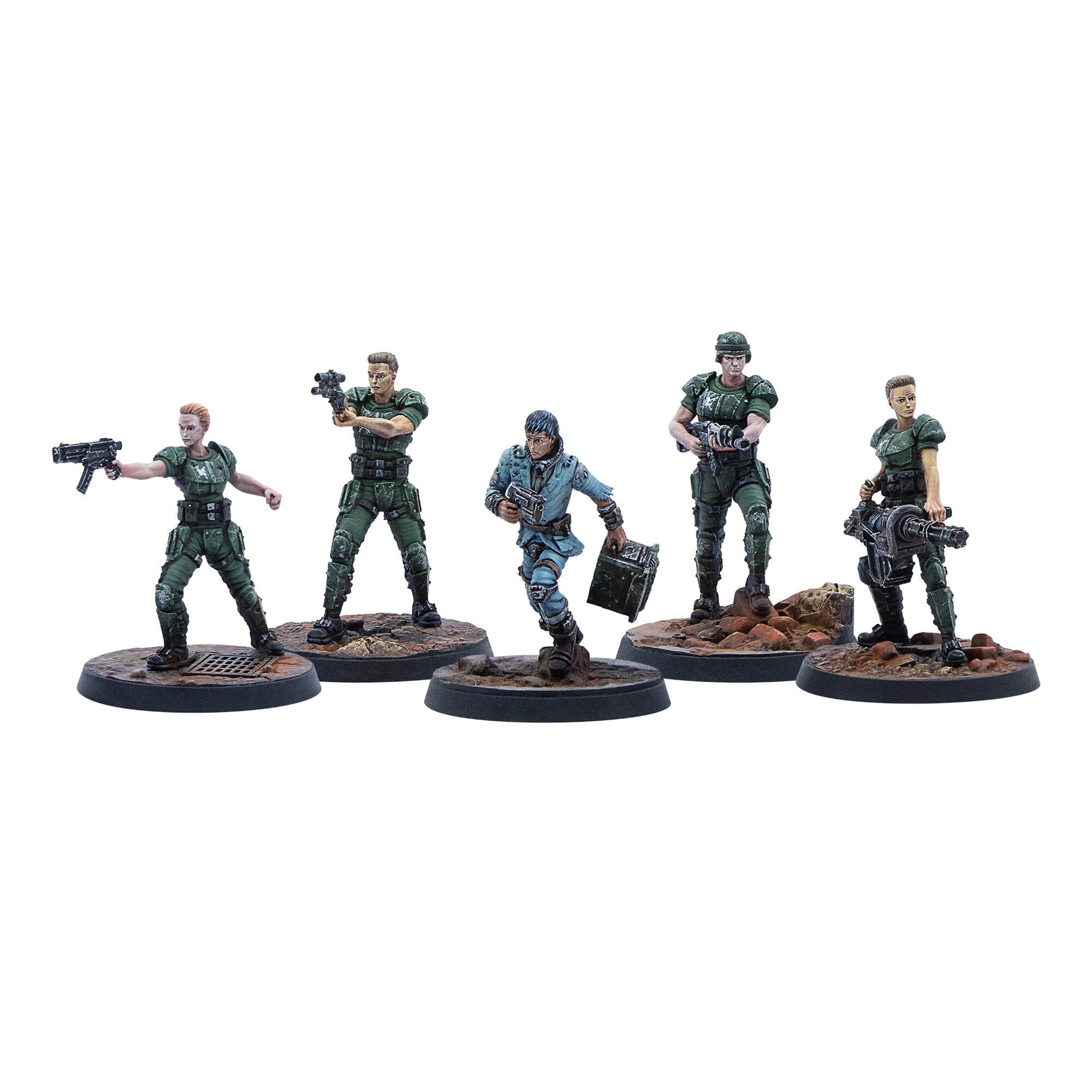 Five sci-fi miniature figures: four armed marines in green armor, and one character in blue running with a device and crate
