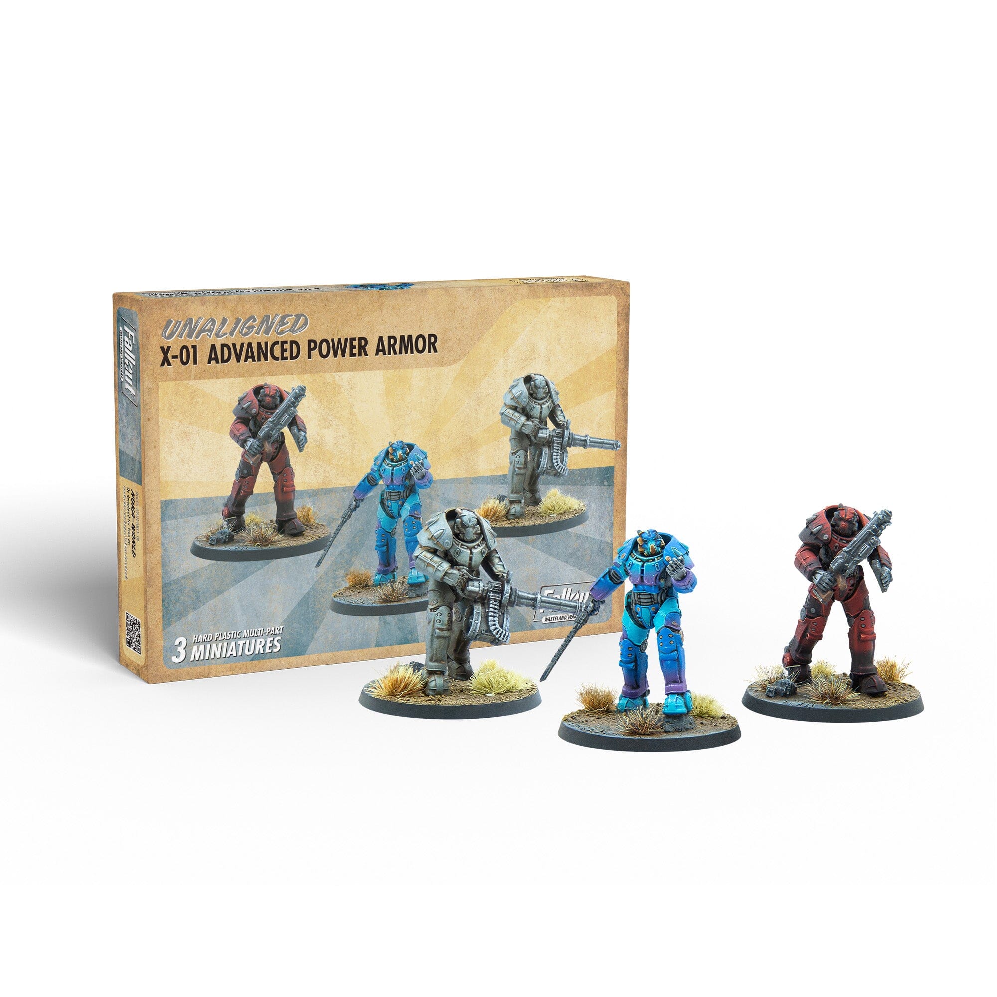 Three painted Fallout X-01 Power Armor miniatures (red, blue, grey) holding rifles, displayed with their product box