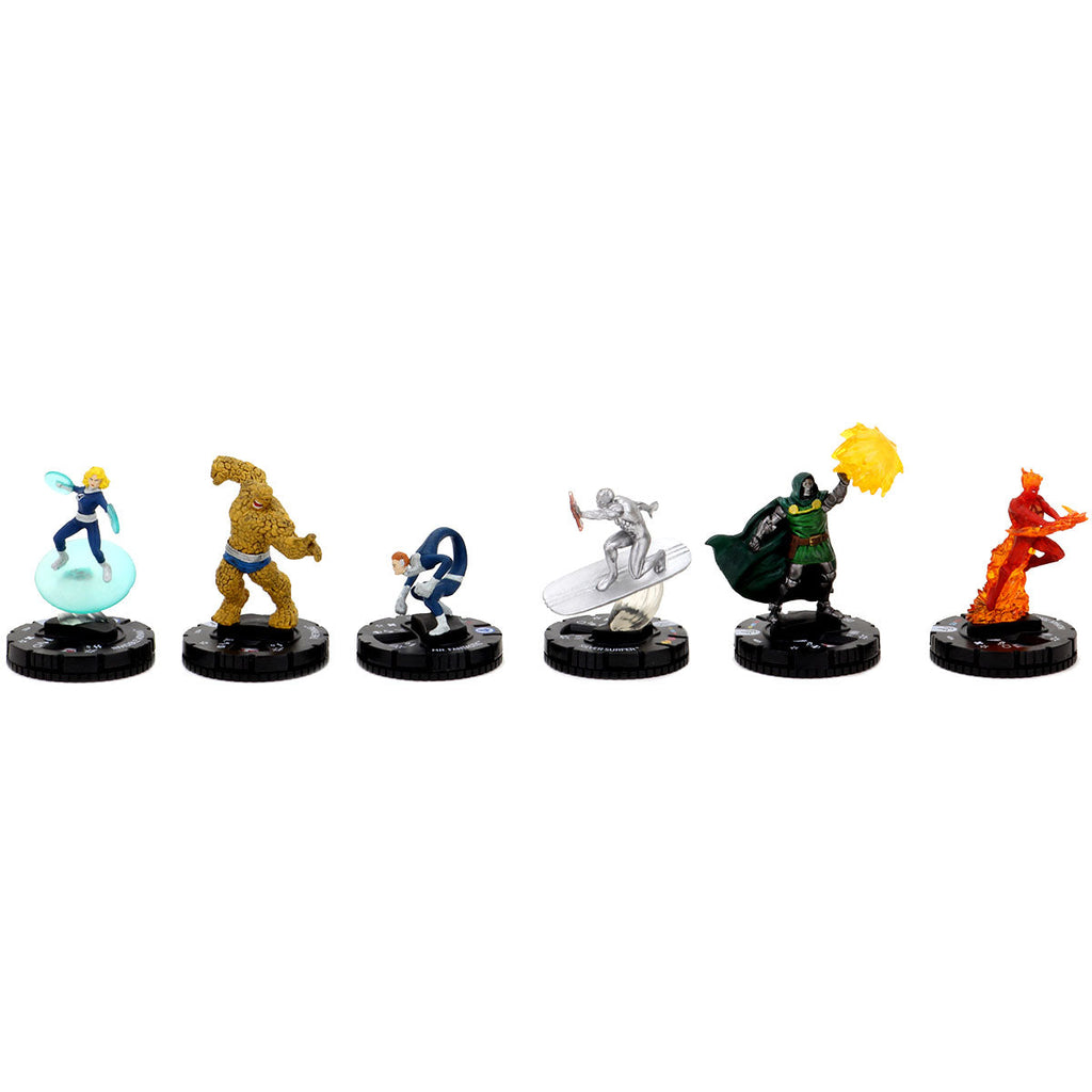 A line of six Marvel HeroClix figures featuring Fantastic Four members, Silver Surfer, and Doctor Doom displayed against a white background