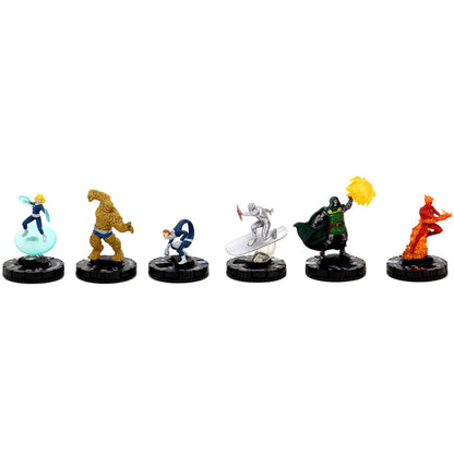 A line of six Marvel HeroClix figures featuring Fantastic Four members, Silver Surfer, and Doctor Doom displayed against a white background