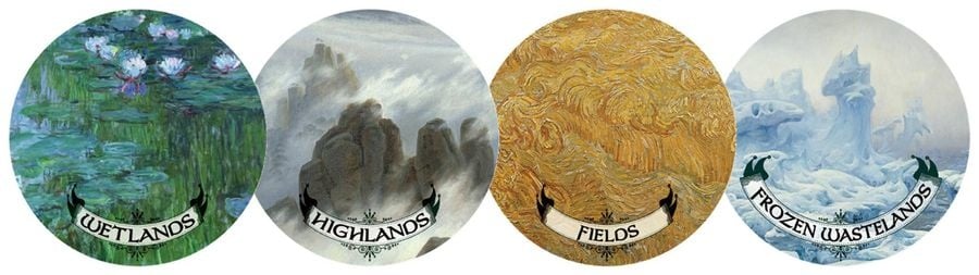 Four round coasters with watercolor paintings of a wetland highlands field and frozen wasteland each labeled