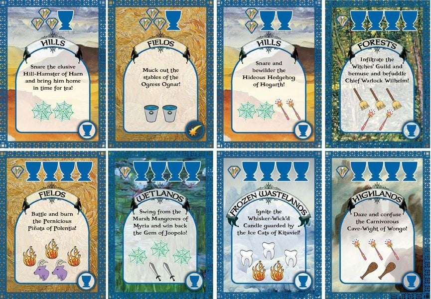 Eight trading cards with illustrations and text arranged in two rows of four