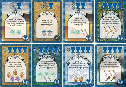 Eight trading cards with illustrations and text arranged in two rows of four