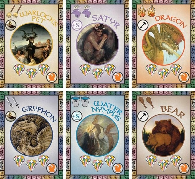 Six fantasy-themed trading cards featuring mythical creatures and associated symbols