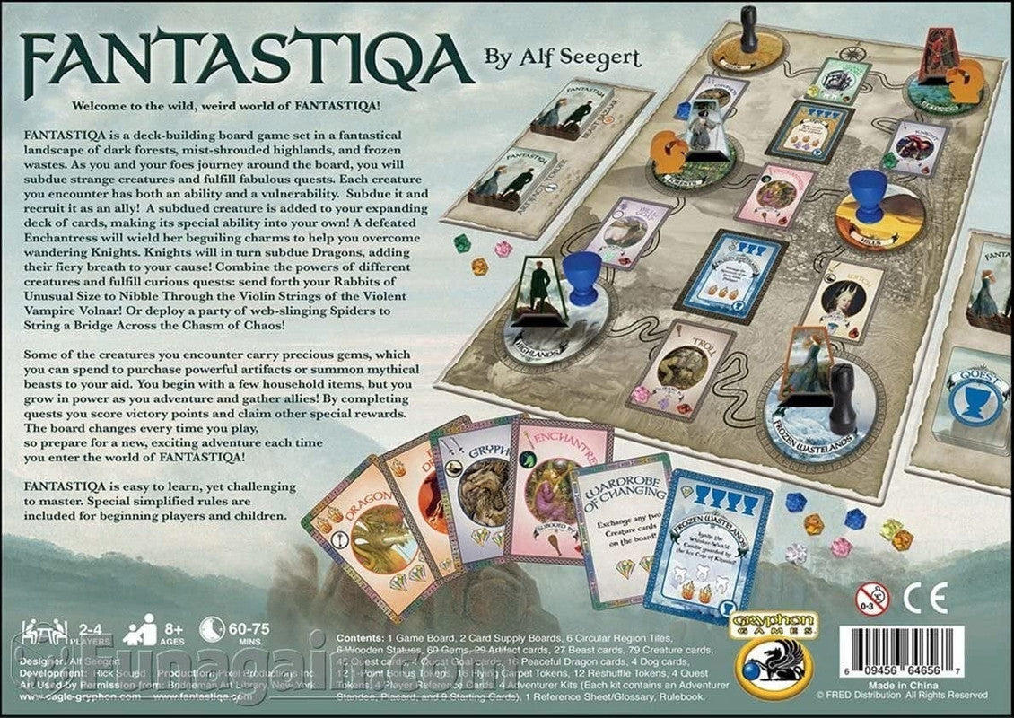 Back of Fantastiqa board game box showing game components and text description