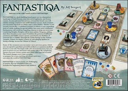 Back of Fantastiqa board game box showing game components and text description