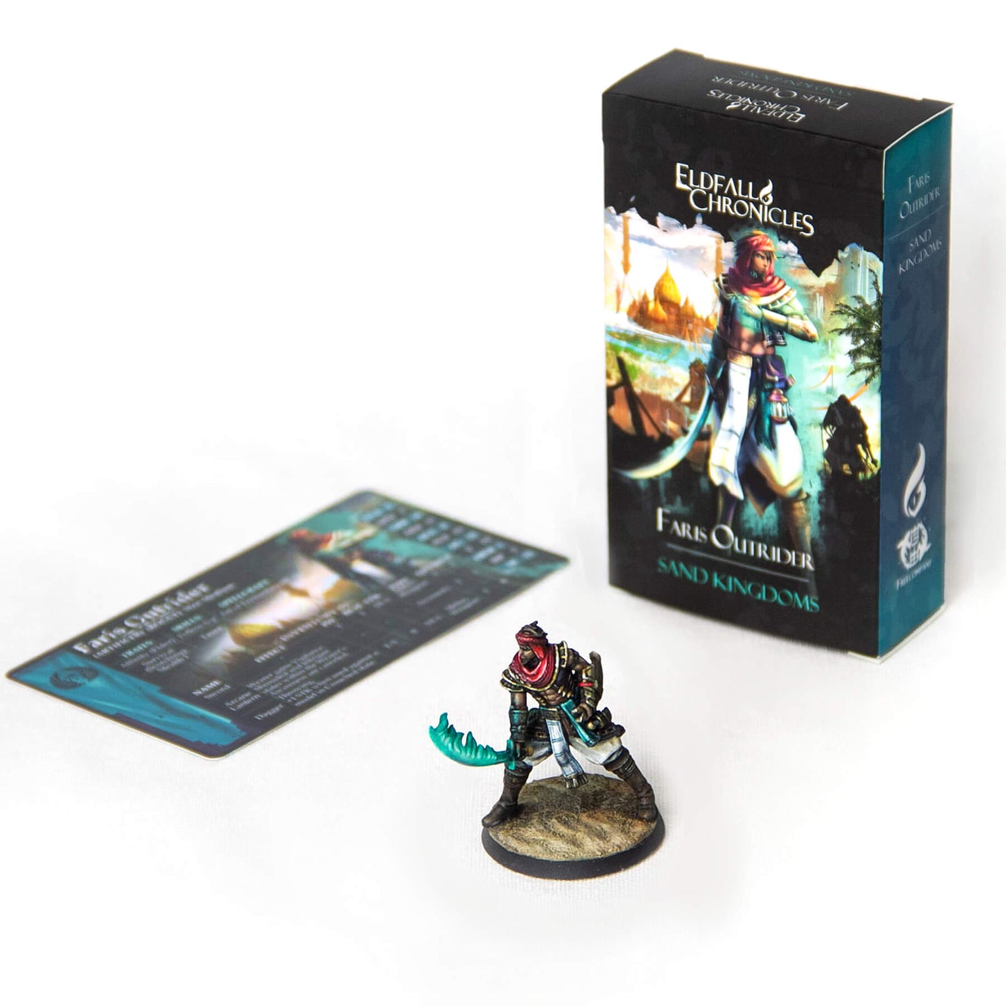 Painted Faris Outrider miniature with a glowing green blade, beside its Eldfall Chronicles game box and character card.