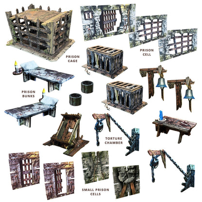 Miniature dungeon/prison props including cages, cell walls, bunks, torture devices, and various accessories