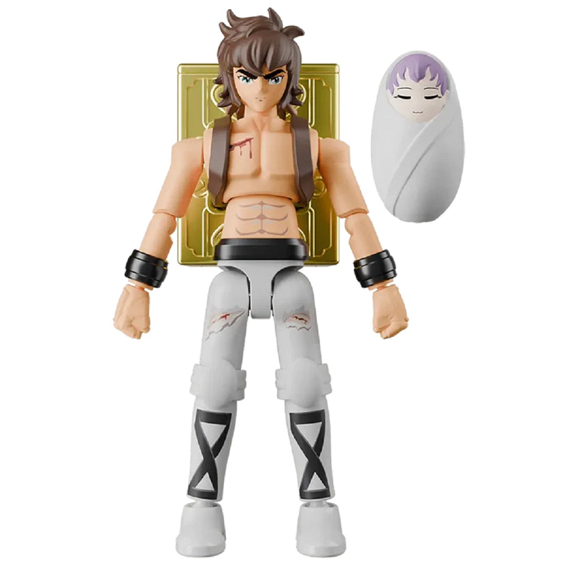 Wounded male action figure carrying a golden chest, displayed with a swaddled baby accessory