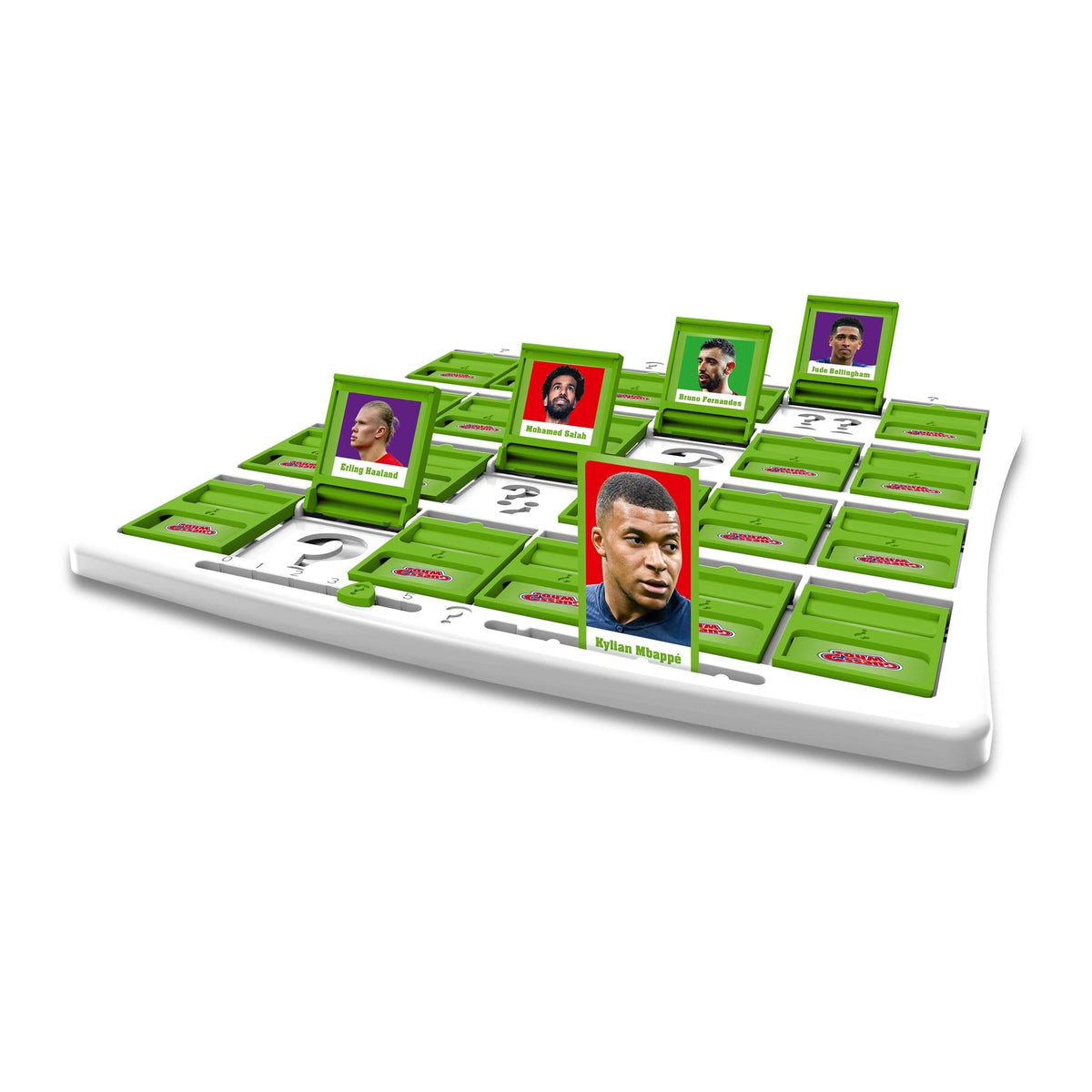 Guess Who World Football Stars green guessing game board featuring popular players like Kylian Mbapp Erling Haaland Mohamed Salah Bruno Fernandes and Jude Bellingham